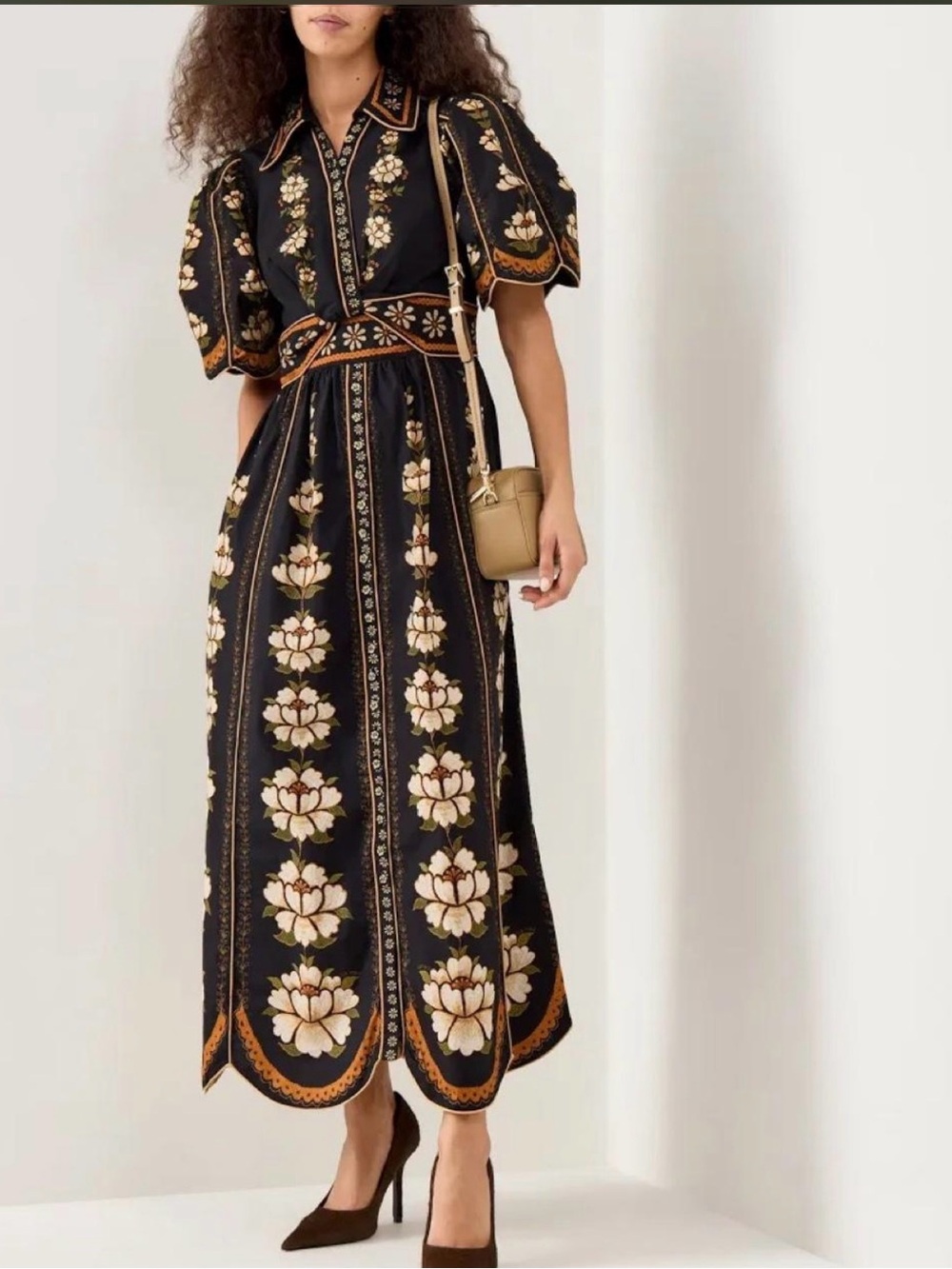 FARM Rio Black Midi Dress with Gold Floral Motif - Picture 2 of 6
